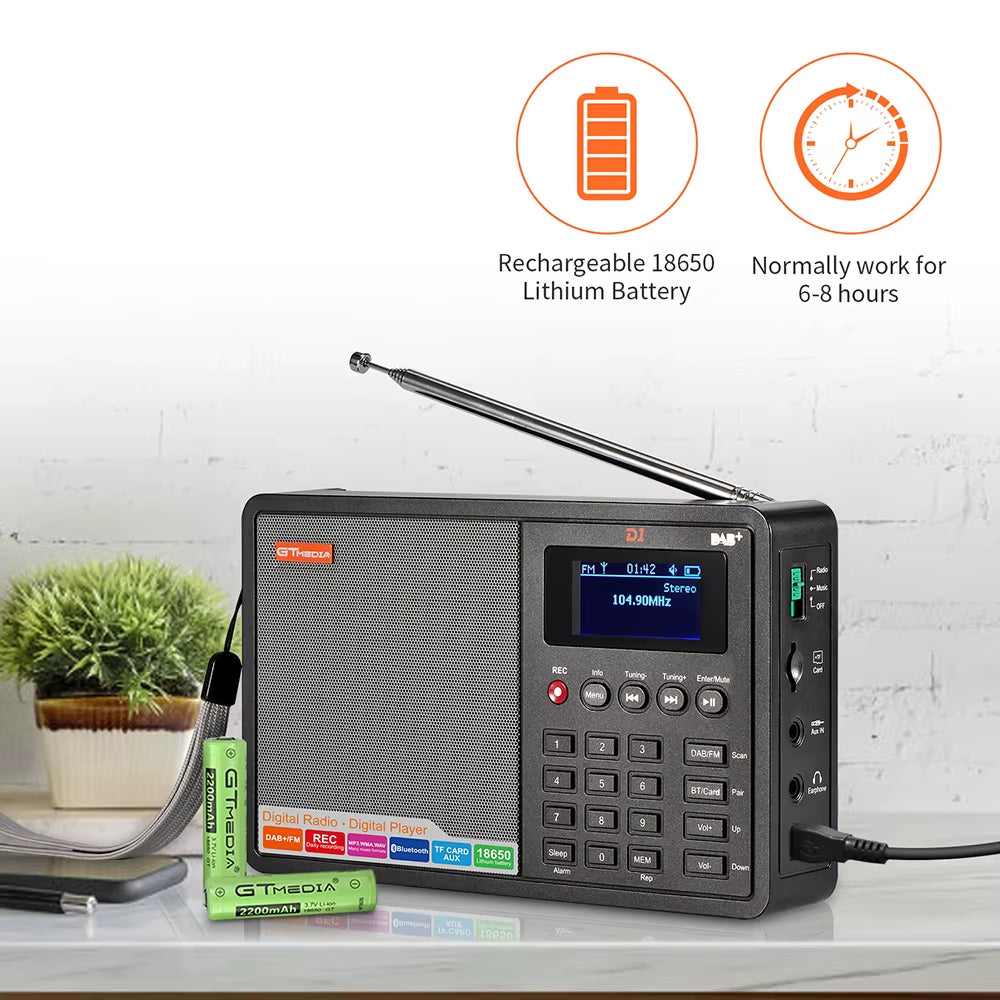D1 Portable Radio Dab+/Fm+Bt/Card/Aux Support BT\TF Card Digital Player Support Dab174.92-239.20Mhz FM 87.5-108Mhz