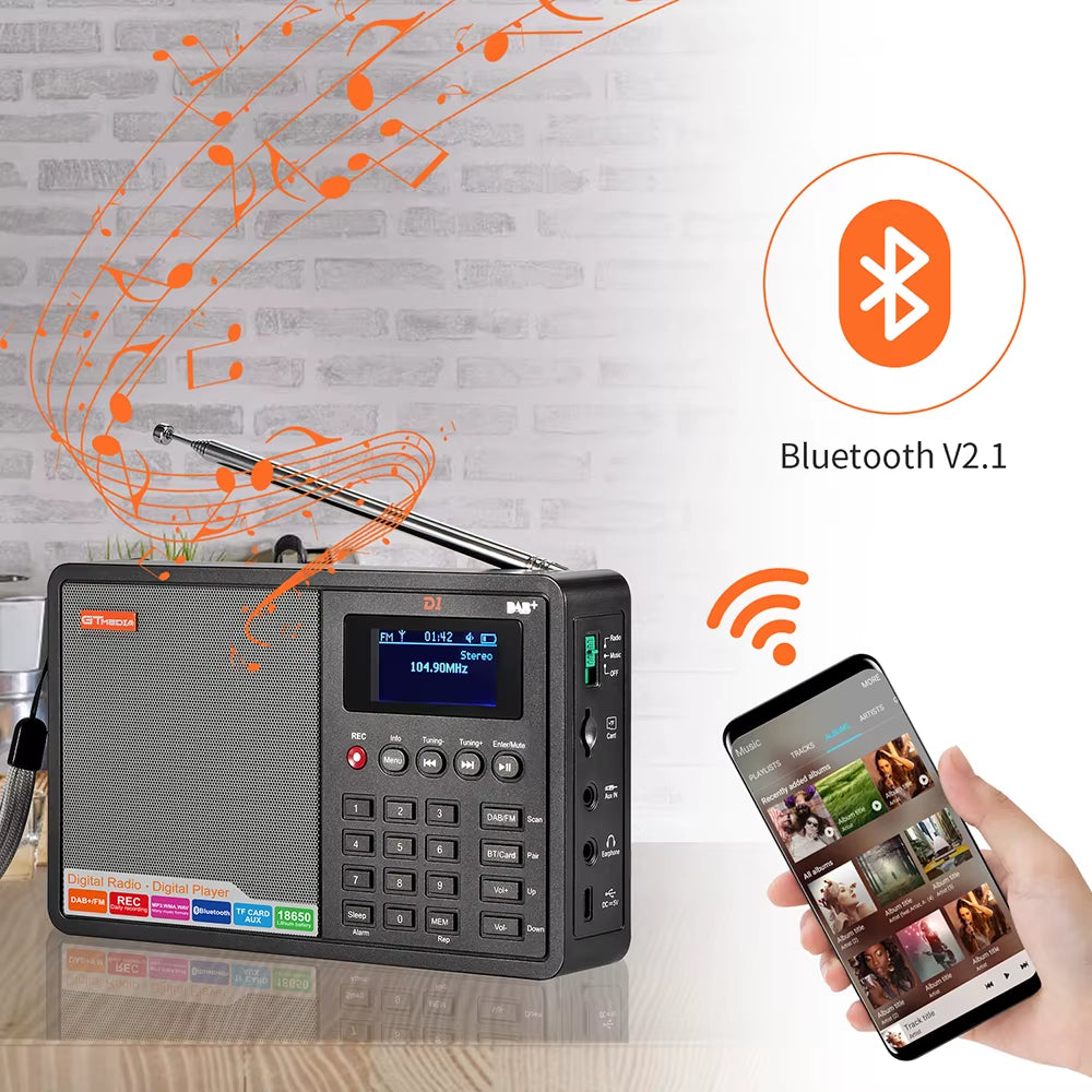 D1 Portable Radio Dab+/Fm+Bt/Card/Aux Support BT\TF Card Digital Player Support Dab174.92-239.20Mhz FM 87.5-108Mhz