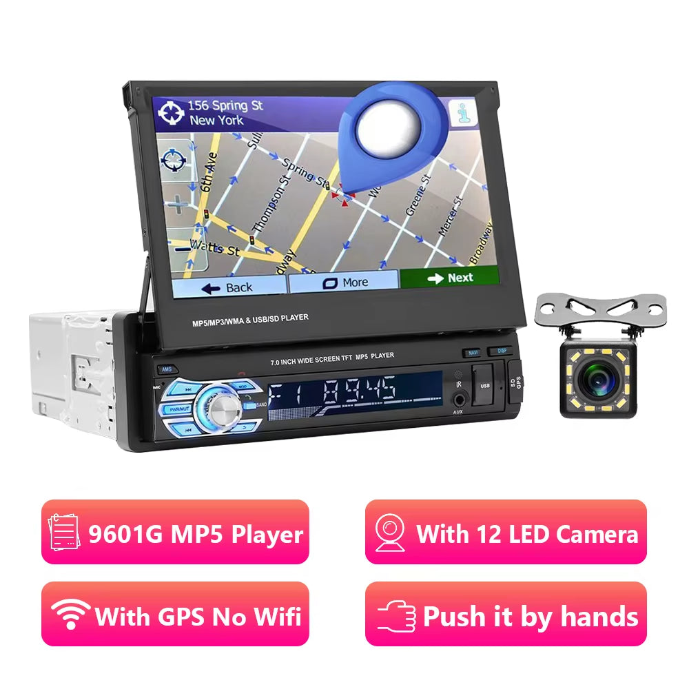 Car Radio 1 Din Tape Recorder 7" HD Monitor Retractable Screen Bluetooth Multimedia Player FM Audio GPS Stereo Receiver