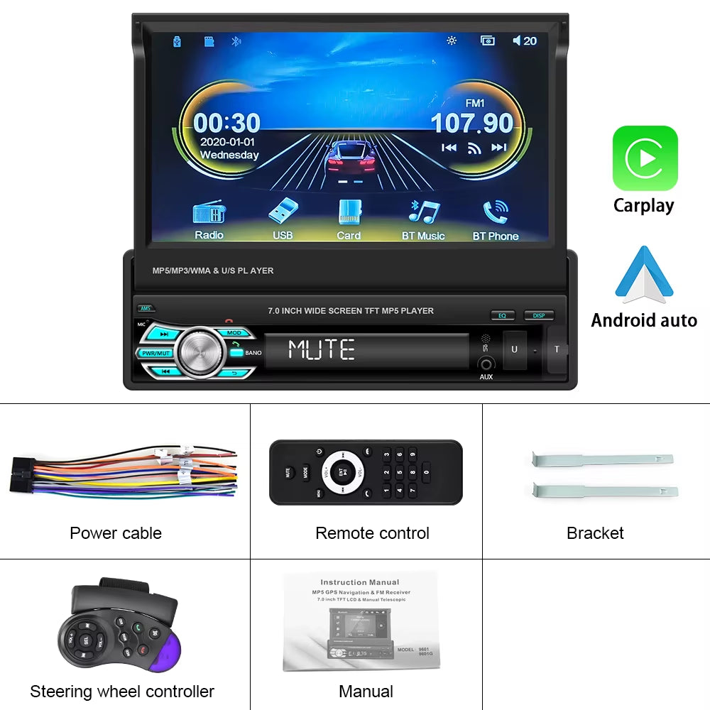 Car Radio 1 Din Tape Recorder 7" HD Monitor Retractable Screen Bluetooth Multimedia Player FM Audio GPS Stereo Receiver