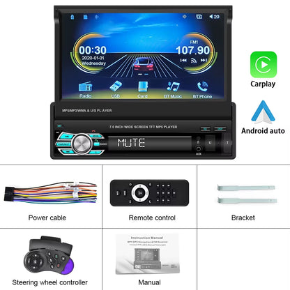 Car Radio 1 Din Tape Recorder 7" HD Monitor Retractable Screen Bluetooth Multimedia Player FM Audio GPS Stereo Receiver