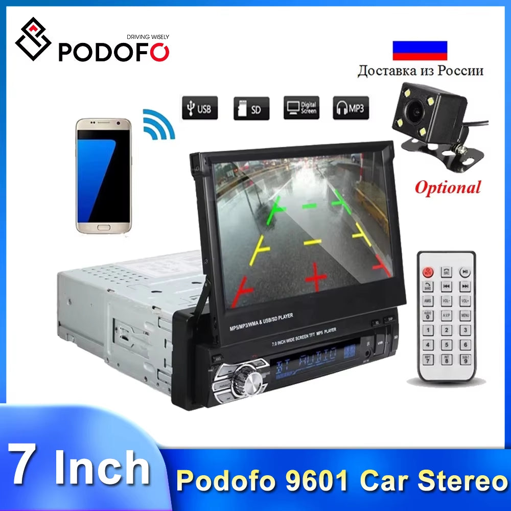 Car Radio 1 Din Tape Recorder 7" HD Monitor Retractable Screen Bluetooth Multimedia Player FM Audio GPS Stereo Receiver