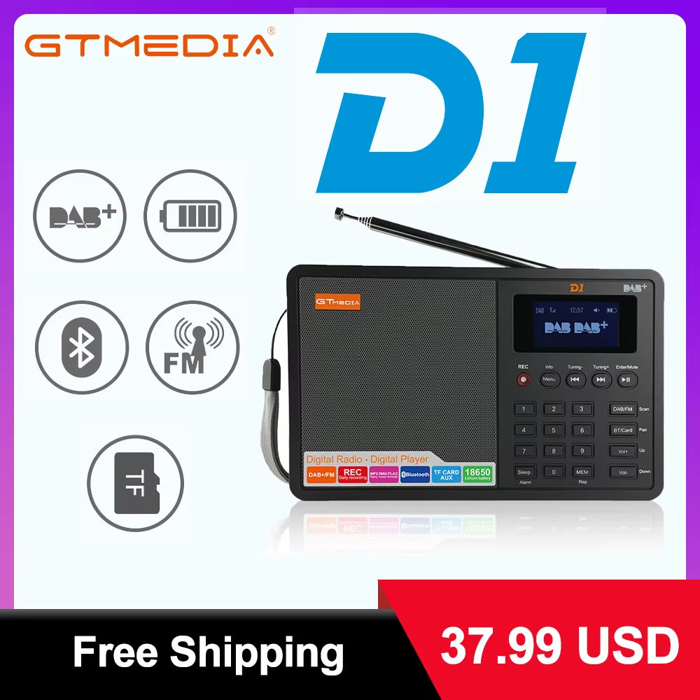 D1 Portable Radio Dab+/Fm+Bt/Card/Aux Support BT\TF Card Digital Player Support Dab174.92-239.20Mhz FM 87.5-108Mhz