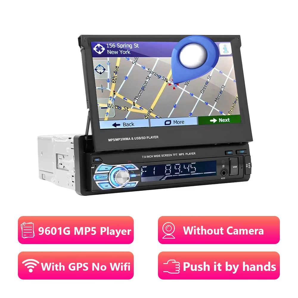 Car Radio 1 Din Tape Recorder 7" HD Monitor Retractable Screen Bluetooth Multimedia Player FM Audio GPS Stereo Receiver