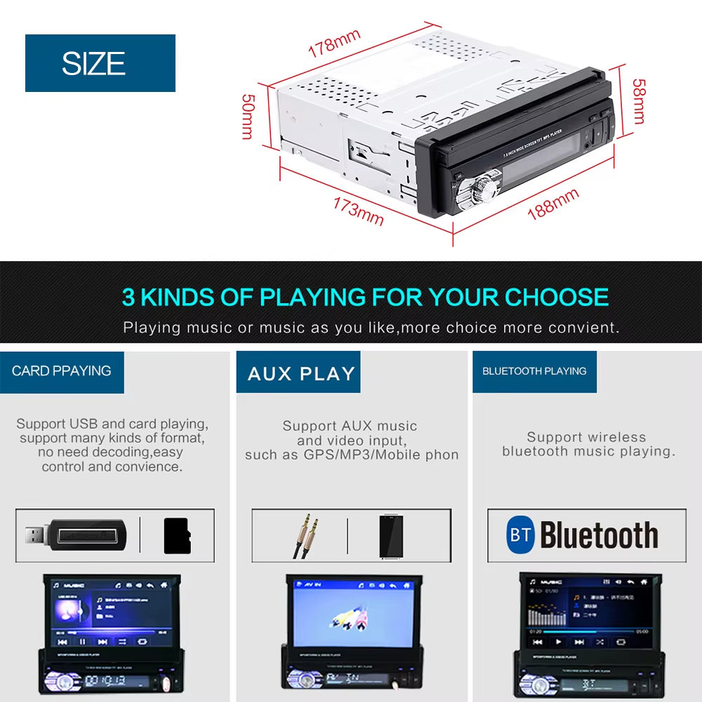 Car Radio 1 Din Tape Recorder 7" HD Monitor Retractable Screen Bluetooth Multimedia Player FM Audio GPS Stereo Receiver