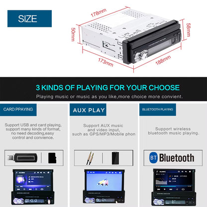 Car Radio 1 Din Tape Recorder 7" HD Monitor Retractable Screen Bluetooth Multimedia Player FM Audio GPS Stereo Receiver