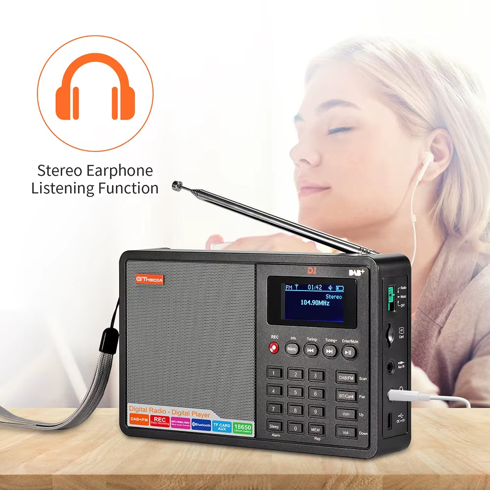 D1 Portable Radio Dab+/Fm+Bt/Card/Aux Support BT\TF Card Digital Player Support Dab174.92-239.20Mhz FM 87.5-108Mhz