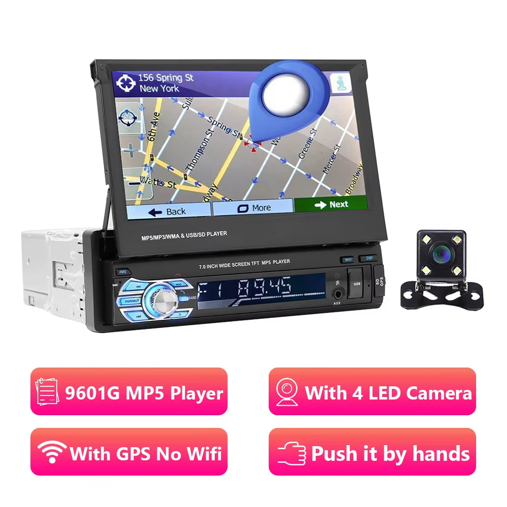 Car Radio 1 Din Tape Recorder 7" HD Monitor Retractable Screen Bluetooth Multimedia Player FM Audio GPS Stereo Receiver